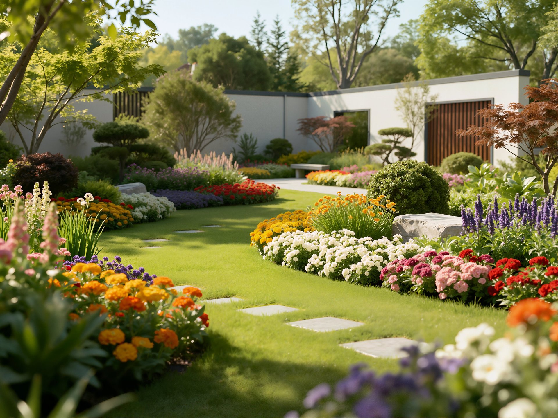 Beautiful contemporary garden with lush lawn and flowering beds